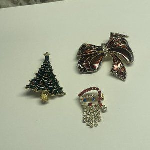 Lot Of 3 Vintage - Modern Gold Tone Brooch Pins Christmas Holiday Tree Santa Etc